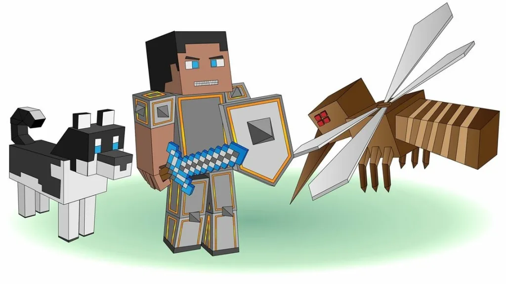 pic Imagine desenata digital cu un omulet din Minecraft care isi apara catelul de tantari